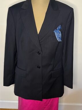 Escada Black Pinstripe Blazer with Blue Pocket Square